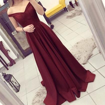 Burgundy A-line Off The Shoulder Pleated Sweep Train Prom Dress on Luulla