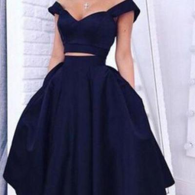Two-piece Straps Tea-length Black Elastic Satin Homecoming Dress with Ruched