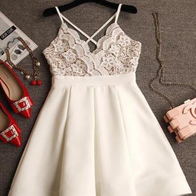 A-line V-neck Criss-Cross Straps Short Ivory Prom Dress with Lace