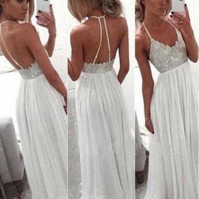 White Chiffon Sequin Long Prom Dress Backless Long Prom Dresses