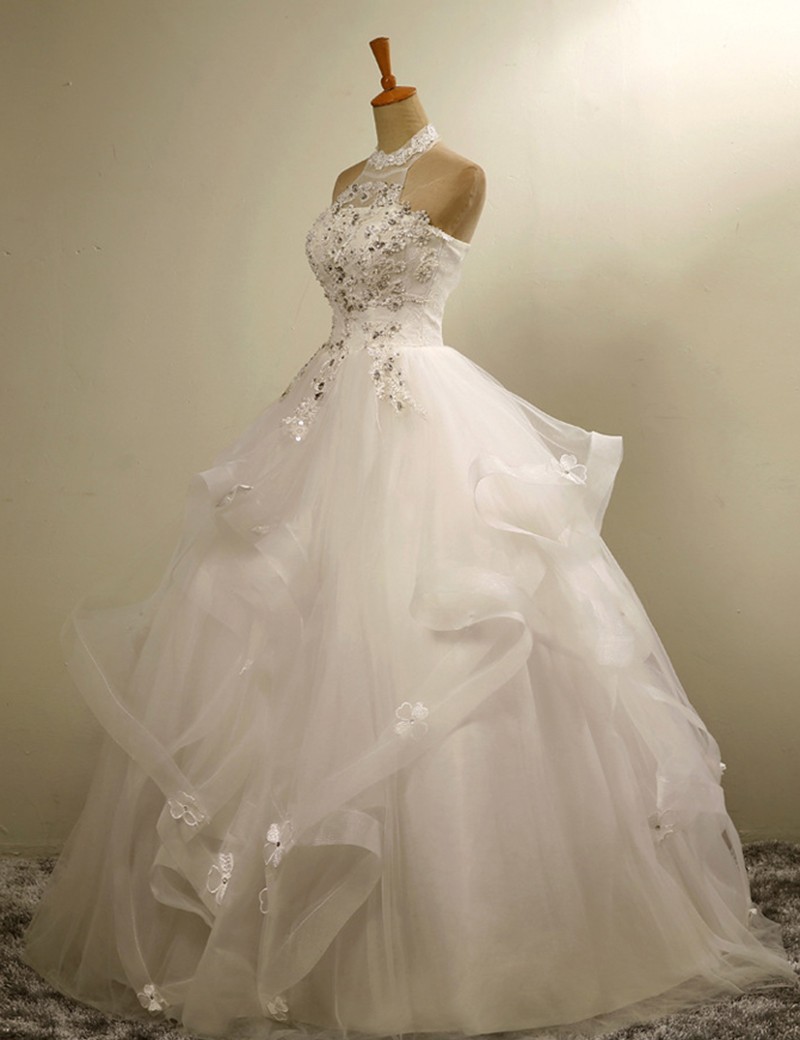 Ball Gown Halter Floor Length Organza Wedding Dress Tiered With Appliques Beading On Luulla