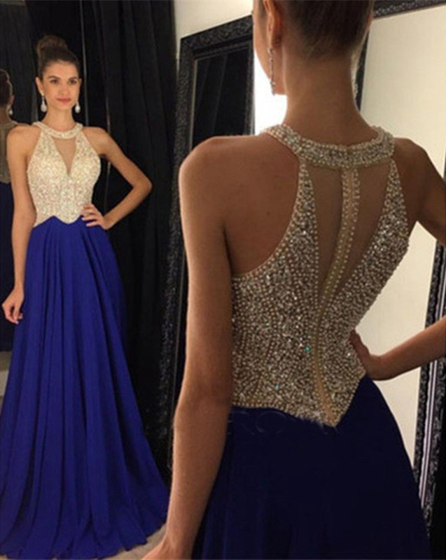 Halter A-Line Sparkle Navy Blue Long Prom Dresses with Pockets PO330 main image 1